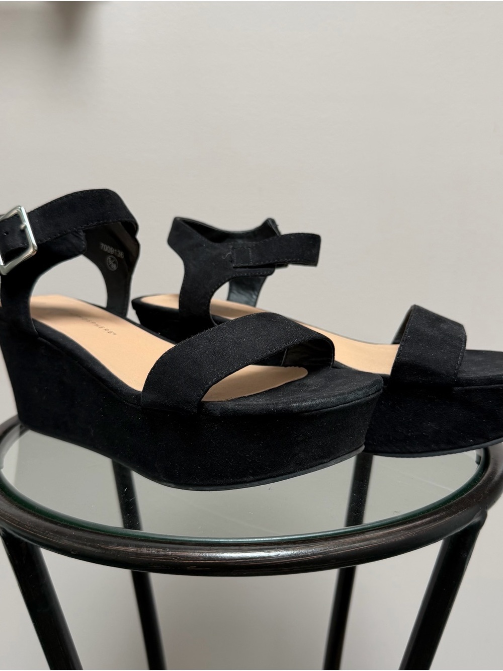 Atmosphere Black Suede Platform Wedge Sandals Size 7 / EU 38